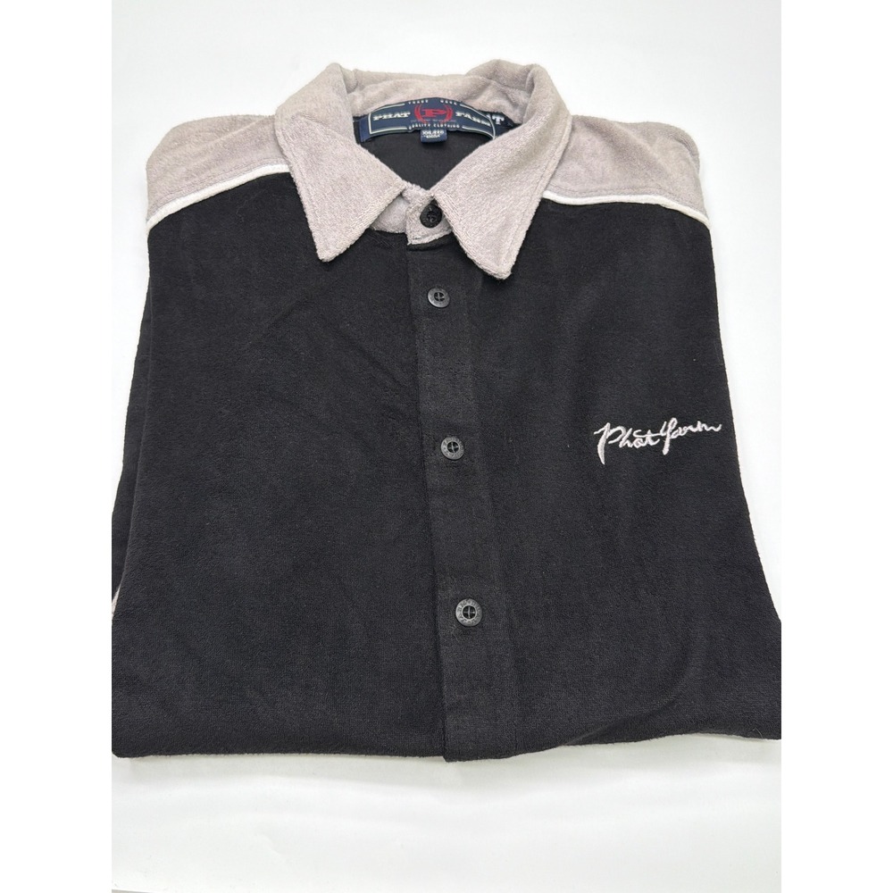 Phat Farm Mens Terry‎ Cloth Button Up Shirt Black Grey Colorblock XXL NWT